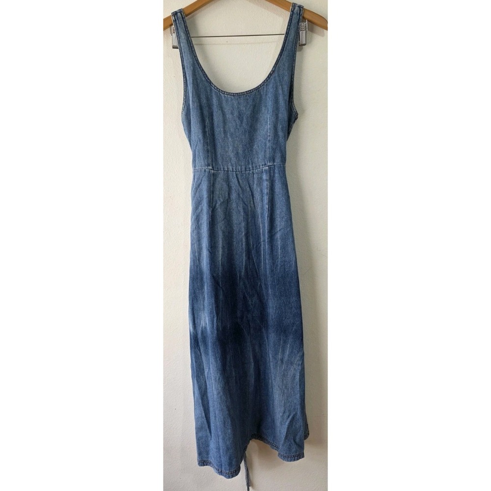 Vintage Satomi‎ Denim Jean Dress Adjustable Straps Tie Waist Maxi Long Womans
